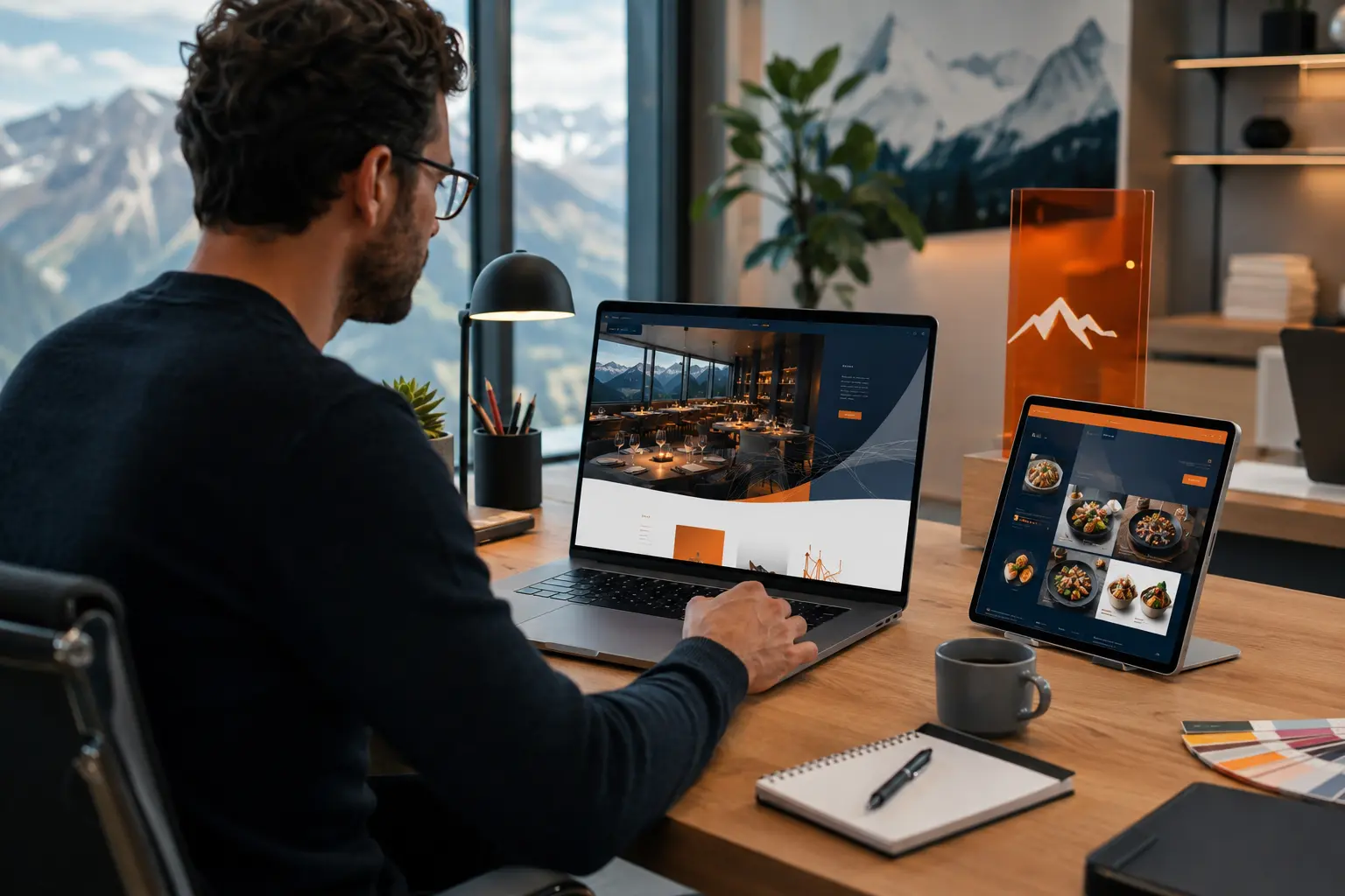 Arbeitsplatz mit Website- und Speisekarten-Entwürfen für die Hotellerie.