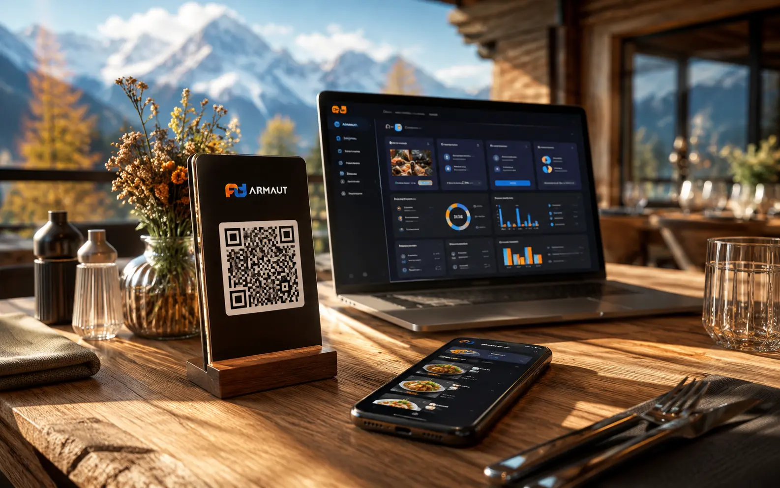 Restauranttisch mit Smartphone, QR-Aufsteller und Laptop – digitale Speisekarte und Website für die Gastronomie.